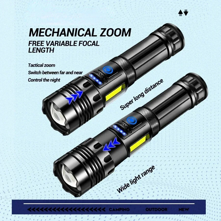 슈퍼 브라이트 강력한 LED 손전등, 보조배터리 토치 라이트, USB 충전식 캠핑 전술 손전등, COB 램프 포함, XHP50