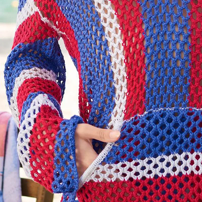 Bikini Cover Ups Women Crochet Beach Dress 2023 Colours Block Striped Swimwear Cape Summer Hooded Pullover Top with Front Pocket