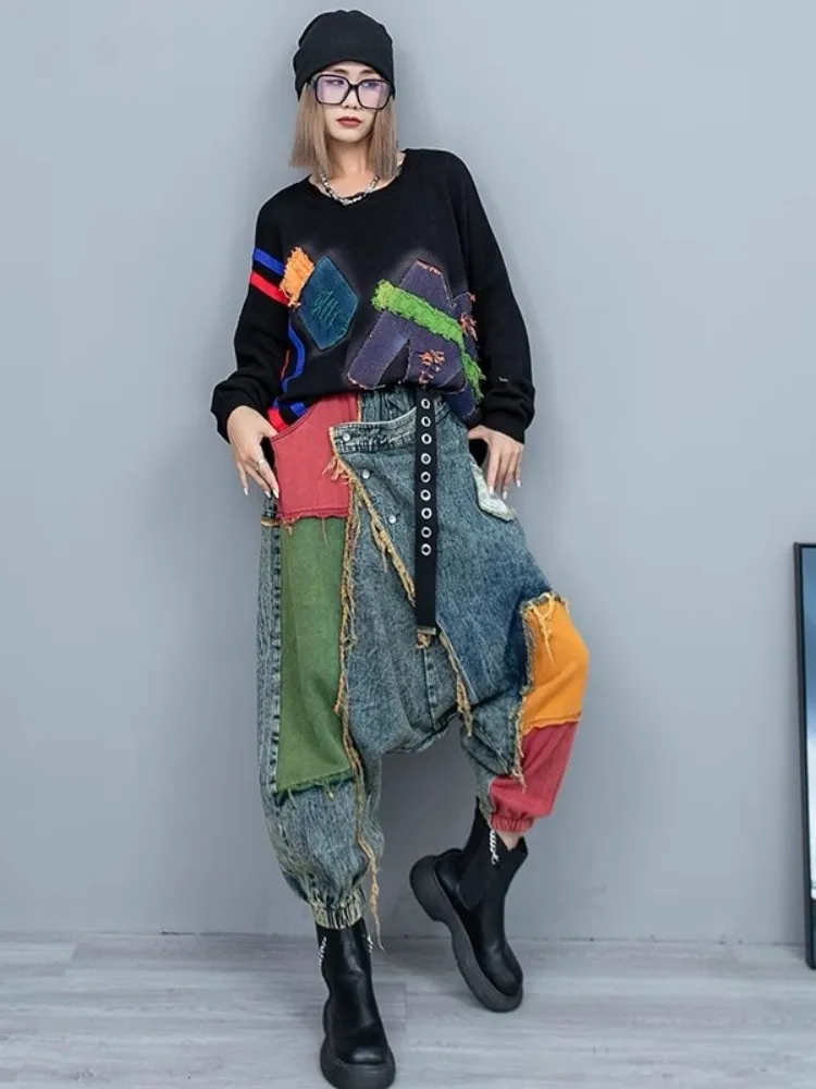 여성용 힙합 하렘 바지, 하이 웨이스트, 혼합 색상, 루즈핏 스트리트웨어, 드롭 가랑이 청바지, 빈티지 캐주얼 바지, 데님 바지