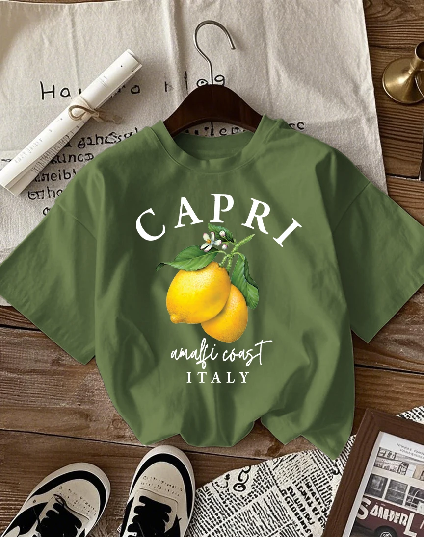 Italian Lemon Print Women's Cotton T-Shirt - O-Neck Short Sleeve Trendy Loose Streetwear Summer Top