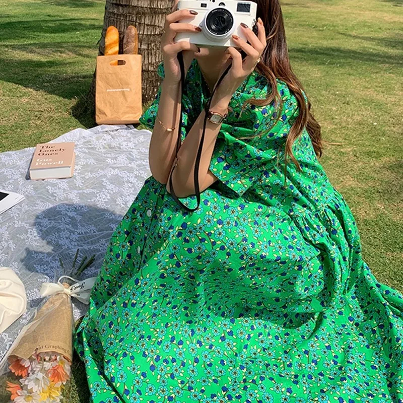 Summer New Women's Short Sleeved Retro Printed Long Skirt Women's Casual Floral Skirt Women's Loose Green Dress 15686