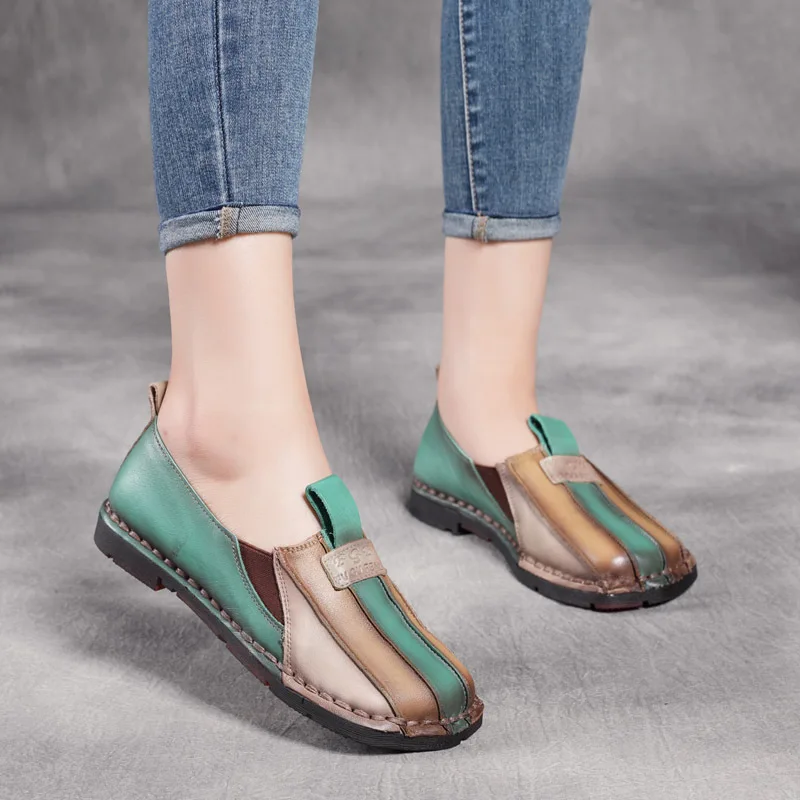 

Jishu Summer New First Layer Cowhide Colorblock Stitching Flat Casual Soft Bottom Mom