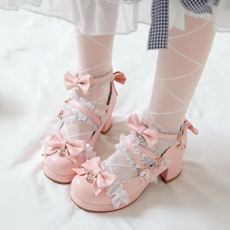 

Women 5CM High Heels Cross Strap Mary Janes Pumps White Pink Laces Ruffles Bow Princess Party Wedding Cosplay Lolita Shoes 33-48