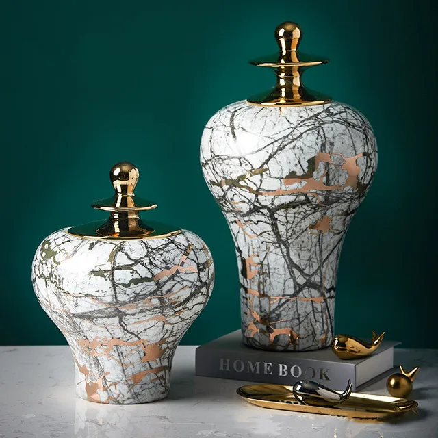 Vintage Palack Márványozott Tábornok Golden Ginger Jar Porcelán Kézműves Díszek Váza Virág Elrendezés Otthoni Dekoráció