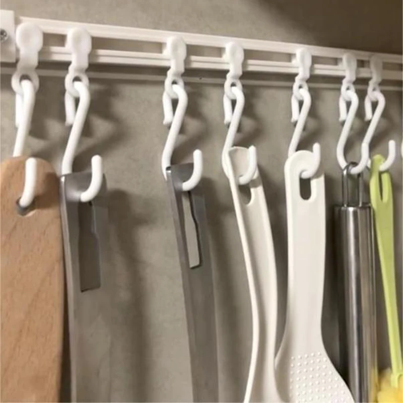 30/40cm Kitchen Rail Sliding Hook with 10pcs S Hooks No Punch Adhesive Cabinet Wall Hanging Hooks for Home Storage Key Organizer