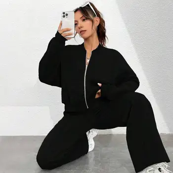 Women's 2 Piece Outfits Fall Casual Zip Up Tracksuit Long Sleeve Sweatshirt And Wide Leg Sweatpant Lounge Set Женский костюм 1