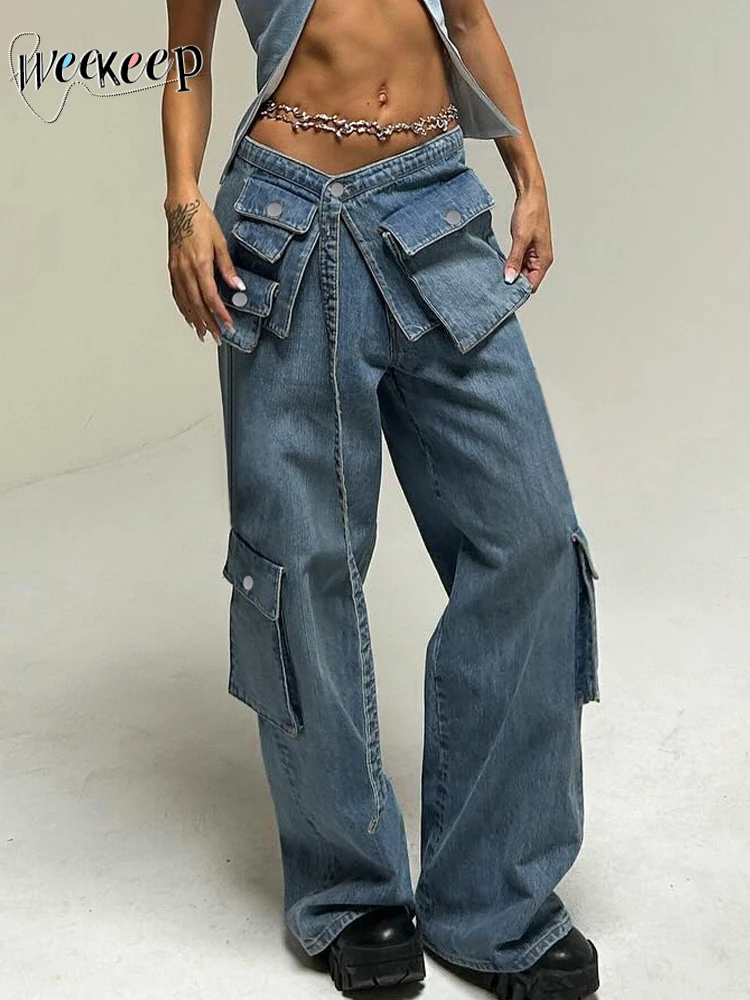 

Weekeep Chic Multi-pocket Patchwork Baggy Jeans Streetwear y2k Loose Low Rise Cargo Denim Pants Korean Style Harajuku Mom Jeans