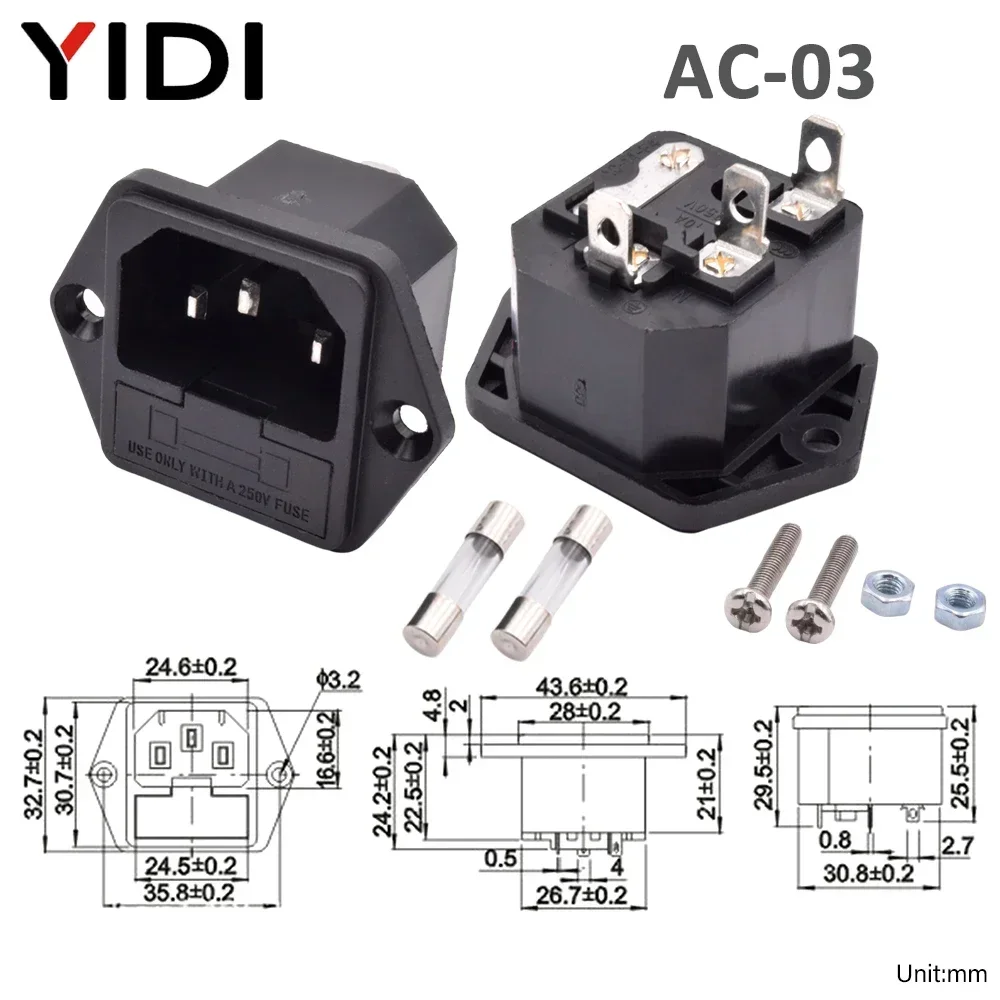 5pcs/lot 3 Pin IEC 320 C13 C14 Electrical Inlet AC Power Plug Socket Cable Wire Connector 10A 250V Fuse Rocker Switch Red Light