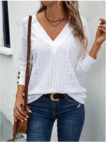 White V‑Neck Hollow Button Office Blouse