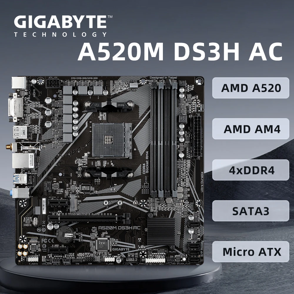 Gigabyte A520M DS3H AC Motherboard Support AMD AM4 Ryzen 