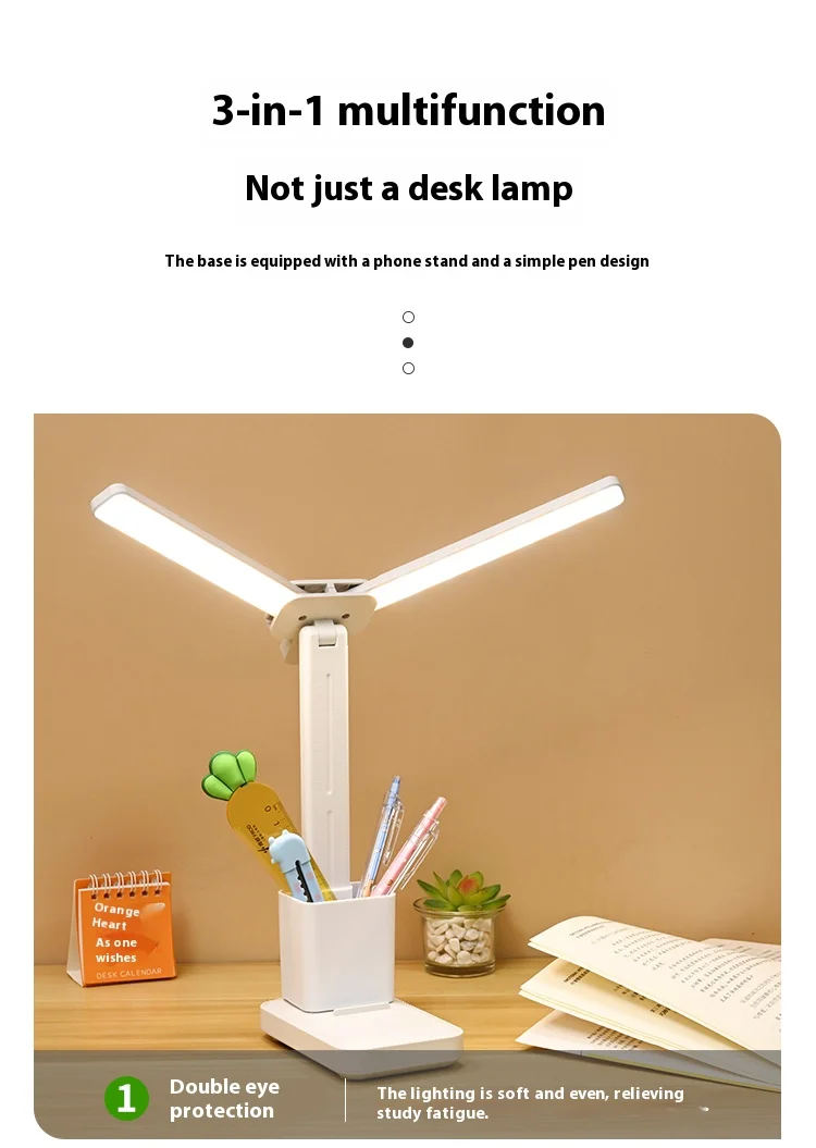 LED double-head desk lamp, 3-level dimmable touch night light, USB rechargeable, eye-protection, foldable bedside reading desk