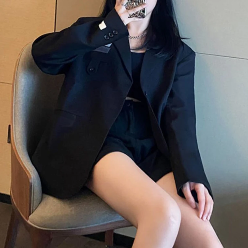 Spring Autumn Office Lady Elegant Fashion Black Blazers Female Loose Casual Simple Suit Top Women's Pocket All-match Coat Jacket