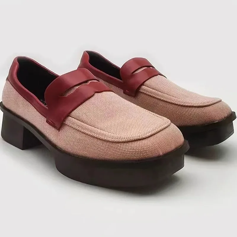 

Spliced Materials College-Style Pumps Square Toe Flat Low Heel Loafers Slip-On Casual Shoes Zapato De Tacon Chaussure Femme