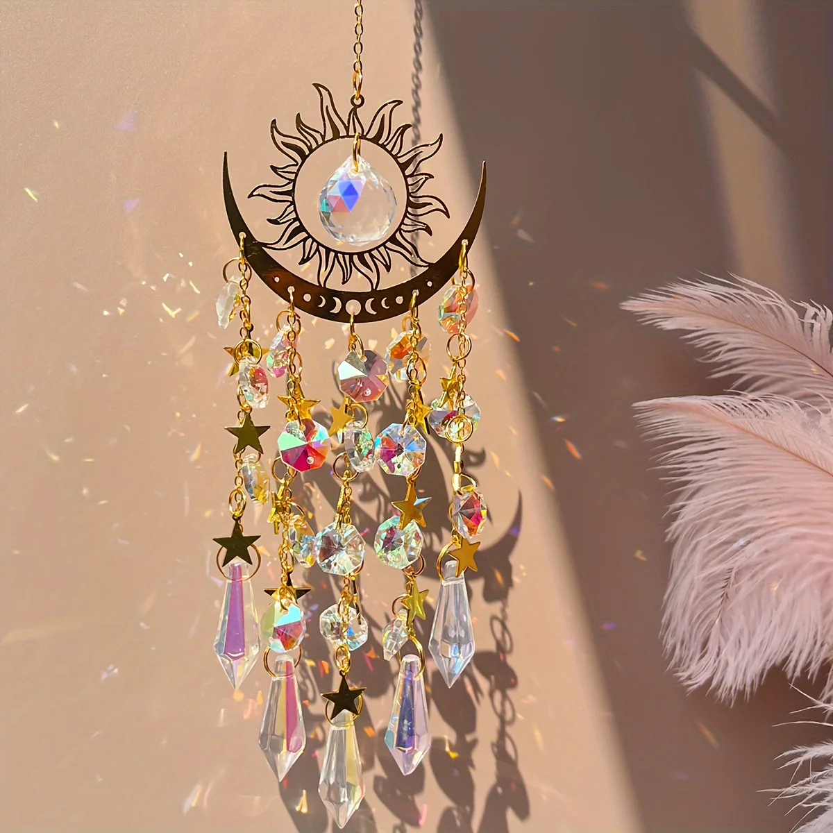 1pcs Crystal Wind Chime Bohemian Glass Iron Moon Light Catcher Hanging Rainbow Prism Pendant Home Window Decoration Gift