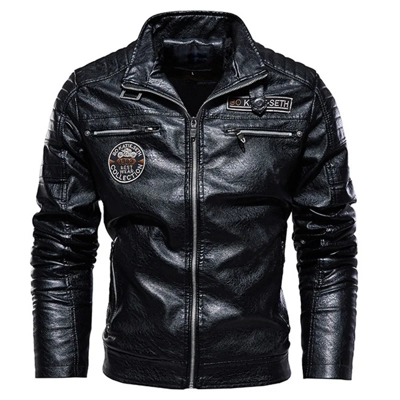 Green Leather Jacket Men Winter Fleece Motorcycle PU Bomber Leahter Jacket Male Stand Collar Casual Ropa De Hombre Slim Coat - 4