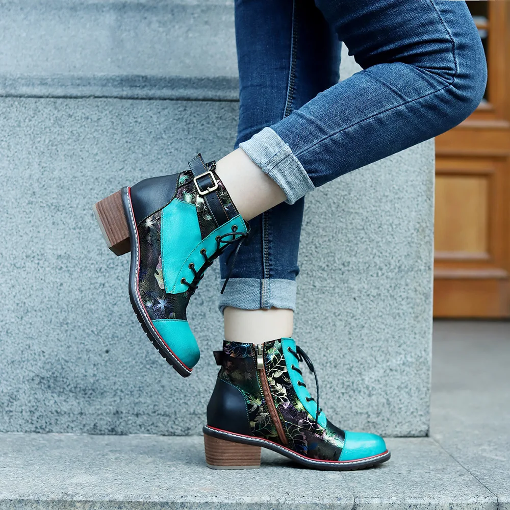 Socofy Raffan estilo étnico casual retro patchwork tacón plano