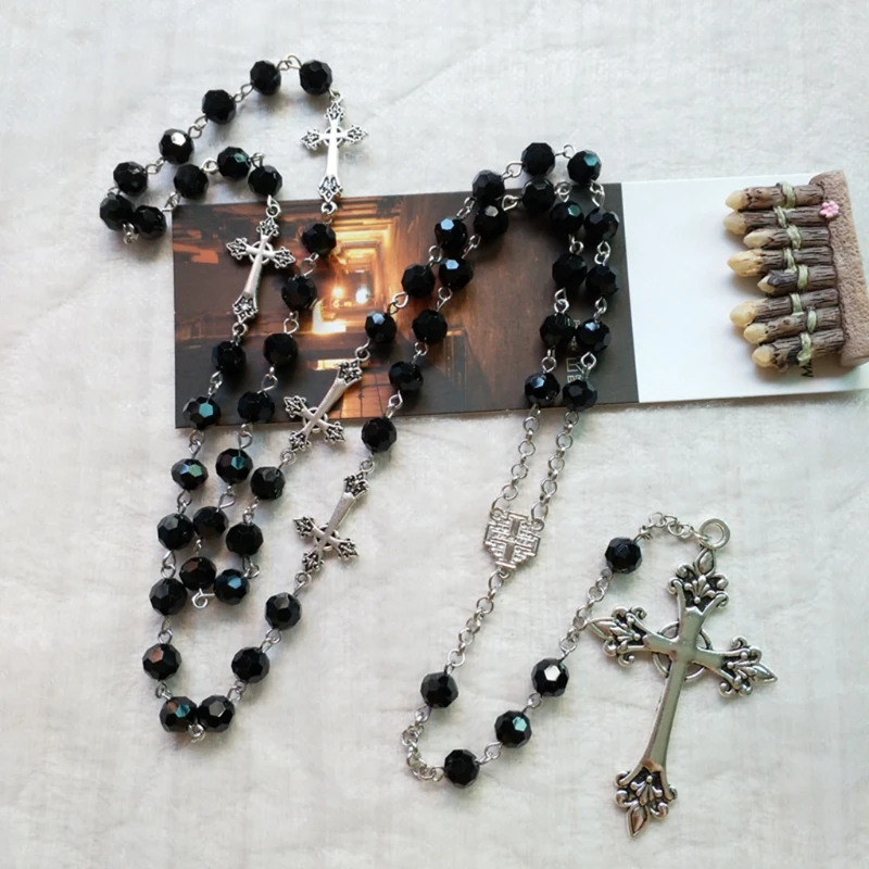 Presents Black Crystal Rosary Necklaces Long for Cross Decor Gift for Teen Women