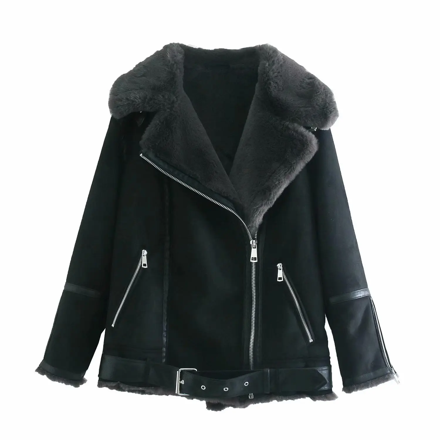 

Women's Leather Jacket Autumn and Winter New Thickened Fur One-piece Coat Lapel Zippered Leather Coat for Women