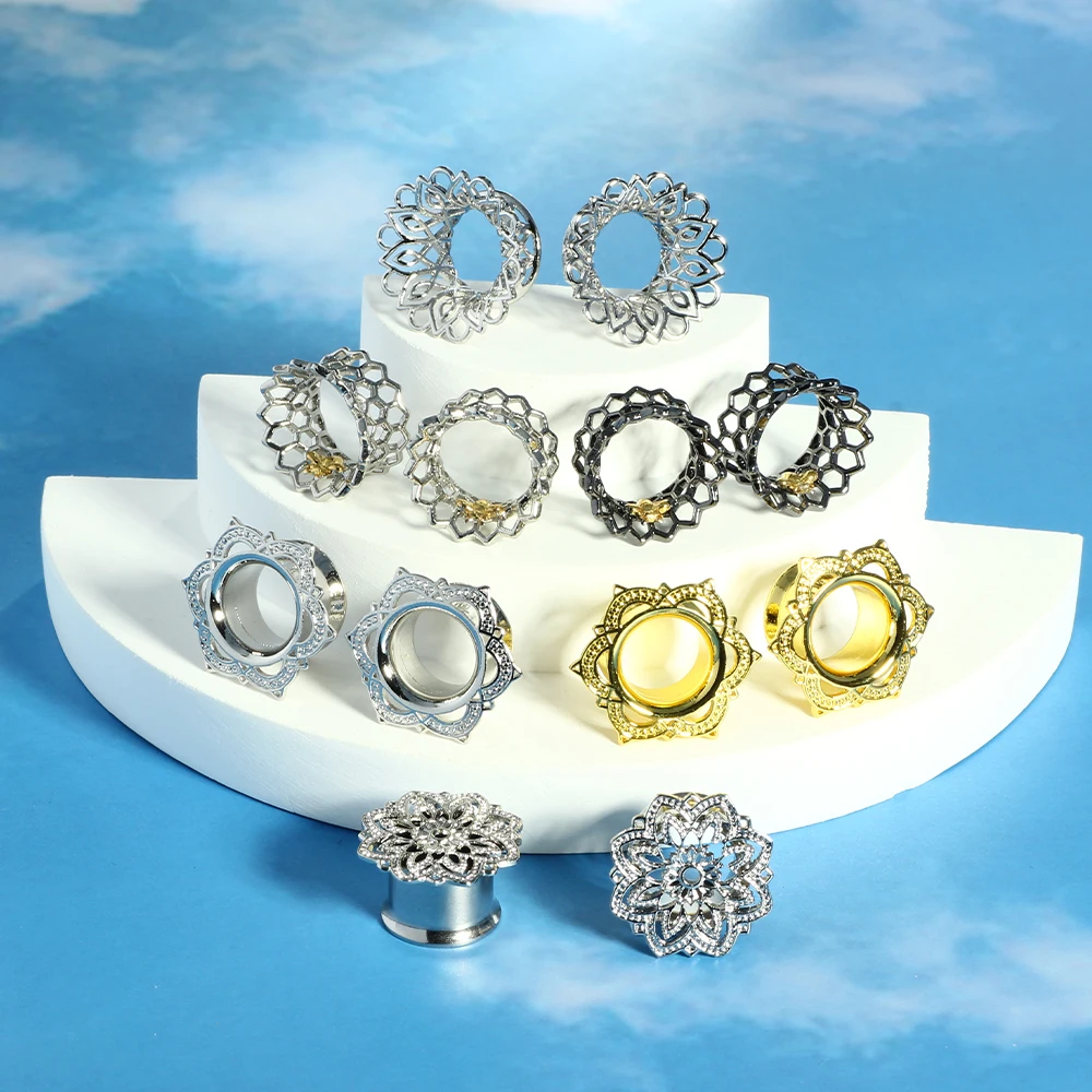 Cool Ear Plugs Tunnels Expander Double Flare Brass Earlobe Tunnels Stretcher Earrings Body Piercing Gauges for Ears Bee Flower