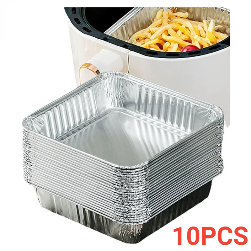 10pcs Disposable Aluminum Foil Food Container Aluminium Foil Tray Square Shaped BBQ Accessories Lid Lunch Box Kitchen Supplies