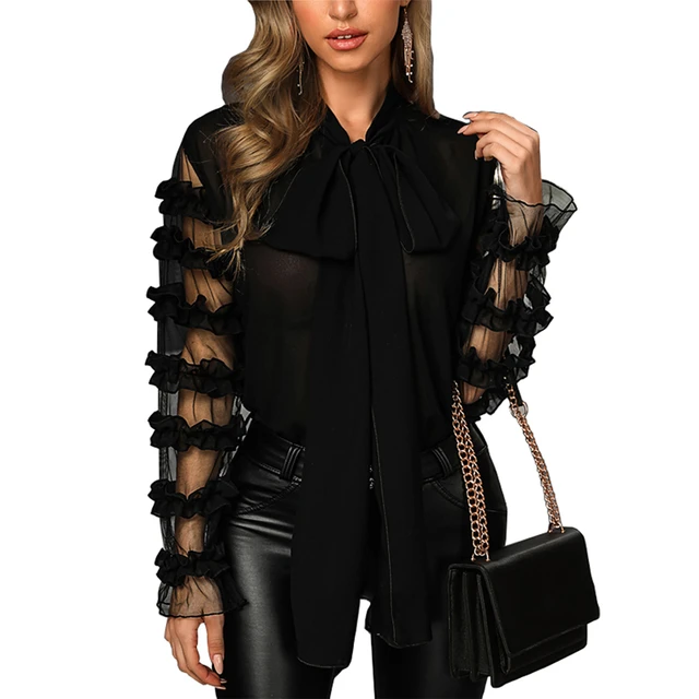Women Elegant Fashion Black Patchwork sheer Shirt Female Top