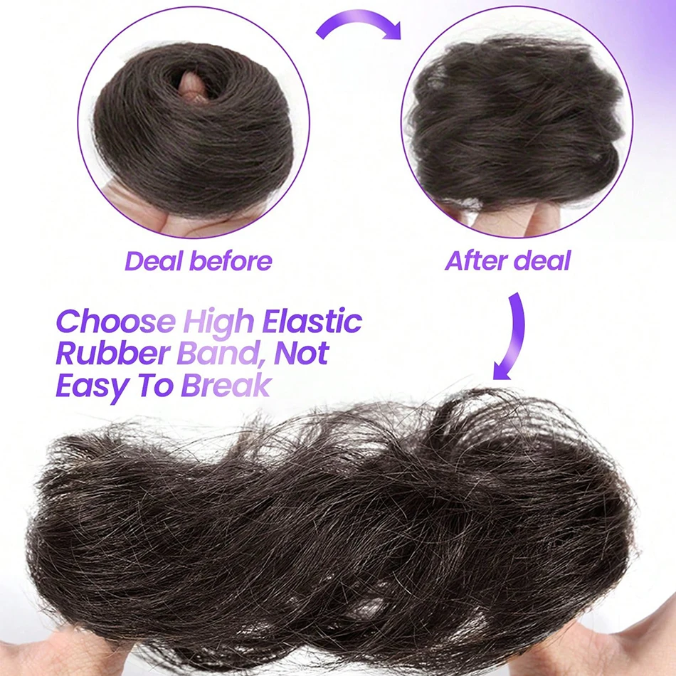 2PCS Messy Human Hair Bun Chignon With Elastic Rubber Band Stretchy 100% Human Hair Scrunchies Hair Bun Donut Elegant Ponytail