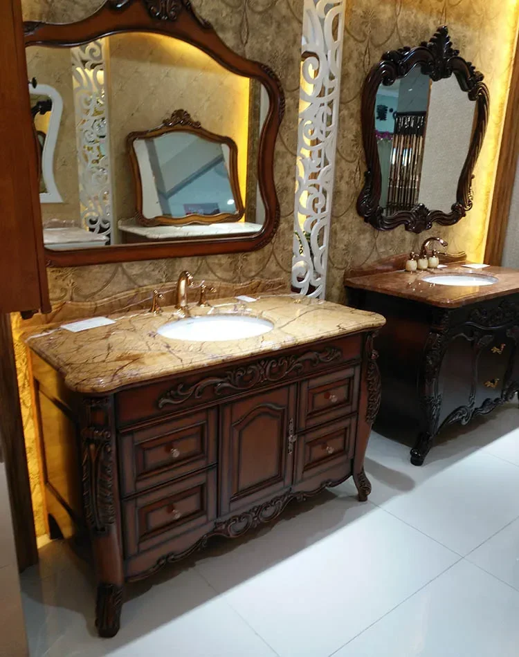 ~Bathroom Cabinet Oak Floor-Standing Bathroom Cabinet Washstand Marble Washbasin Antique Bathroom