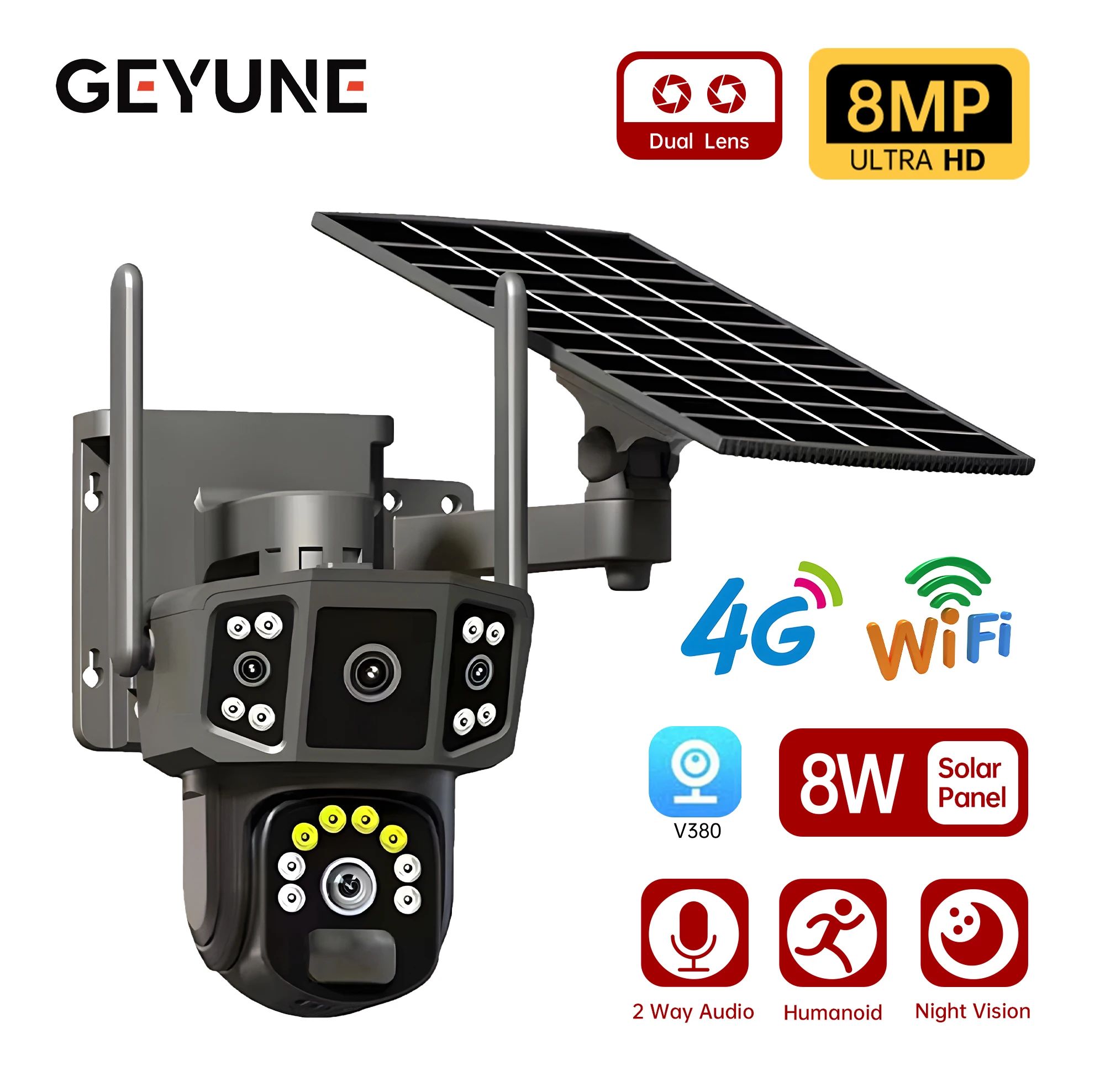 Solar Camera 4G SIM Card WiFi Wireless Network 360 IP 8MP 4K