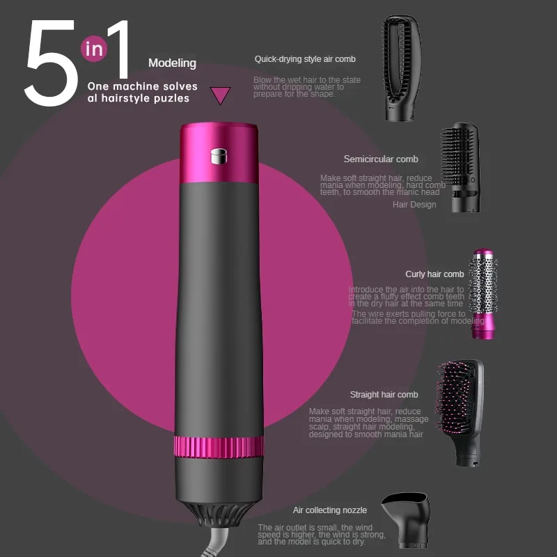 5 in 1 Negative Ion Hot Air Brush Kit Hair Dryer 5 Detachable Brush Heads Straightening and Curling Styling
