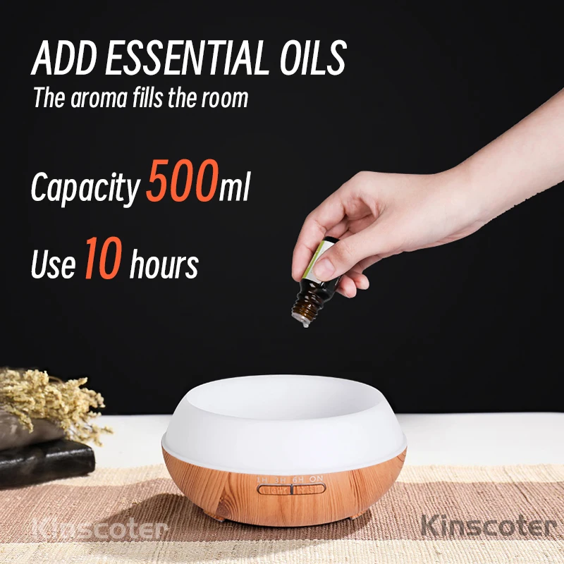 Umidificatore ad ultrasuoni con telecomando a grana di legno con diffusore di olio essenziale per aromaterapia da 500ml di alta qualità con luce a 7 colori