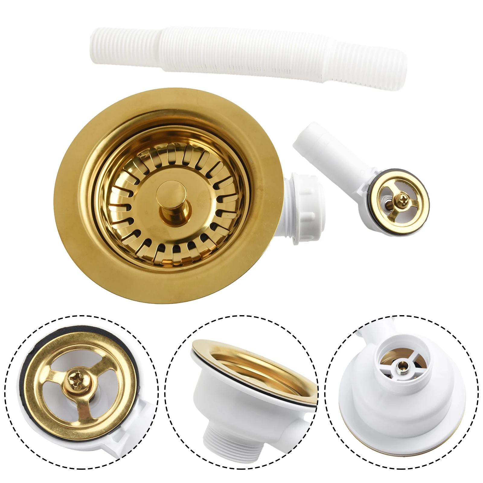 Drain Sink Downcomer 114MM Gold-Plated Strainer Overflow Anti Corrosion Stainless Steel Kitchen Strainer For Open Hole 86-95
