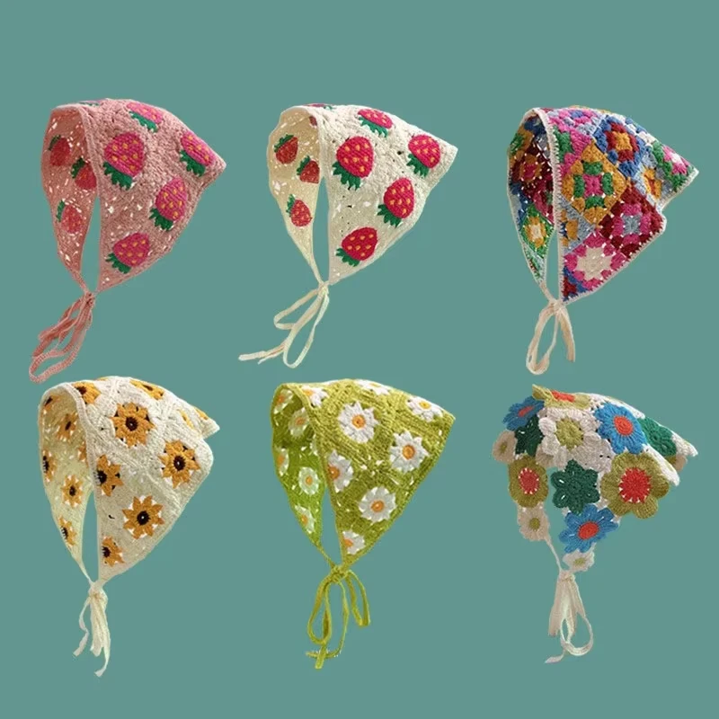 الكورية الحلو لطيف اليدوية الكروشيه الجوف مثلث عقال منشفة للنساء الفتيات زهرة الحجاب إكسسوارات الشعر