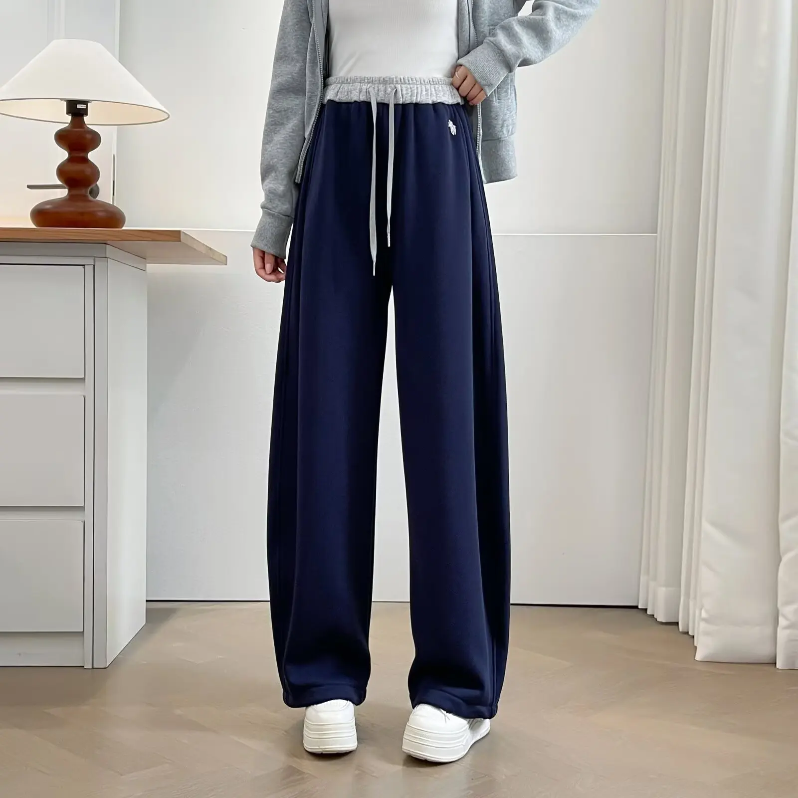XXXXL Fashion Plus Size Women's Wide Leg Pants Winter New color-blocking Fleece And Thick Drawstring Waist  Sweatpants 2568