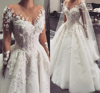 Customized Long Sleeves Ball Gown Wedding Dress Vestido De Noiva Appliques Court Train Sheer Neck Formal Princess Bridal Gowns