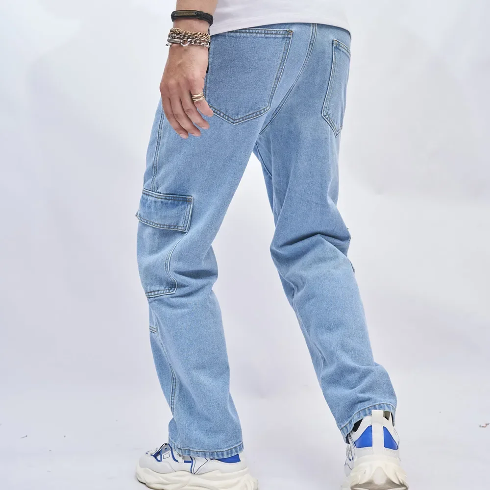 Streetwear Men Multi pocket Loose Straight Cargo Jeans Stylish Male Good Quality Casual Denim Pants