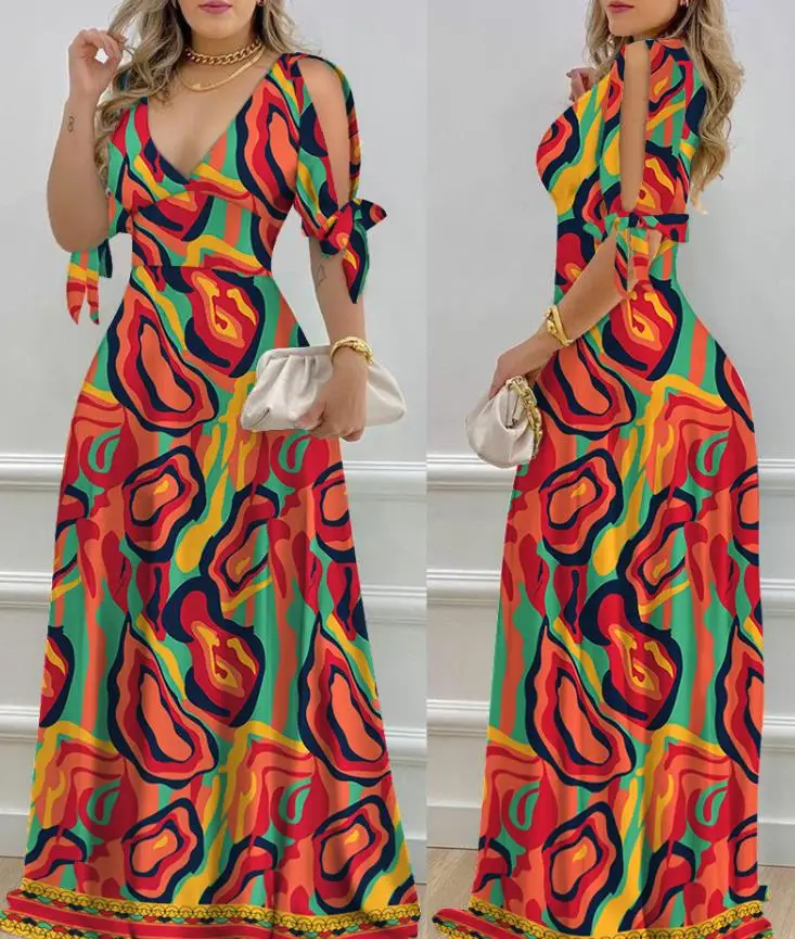 

Women's Floral Print Split Sleeve Pearls Decor Elegant Long Dress A Line Skirt Summer Fashion Cold Shoulder Half Sleeve Dress