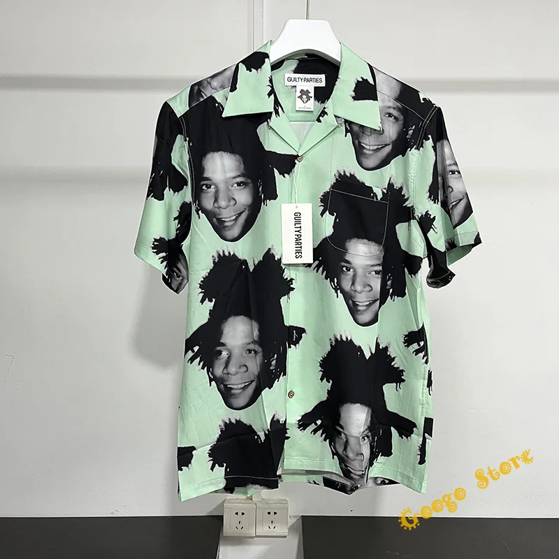 

23SS Hip Hop Oversized Character Avatar Full Print Wacko Maria Shirts Men Women 1:1 With Tags Light Green Hawaii Beach Shirt Top