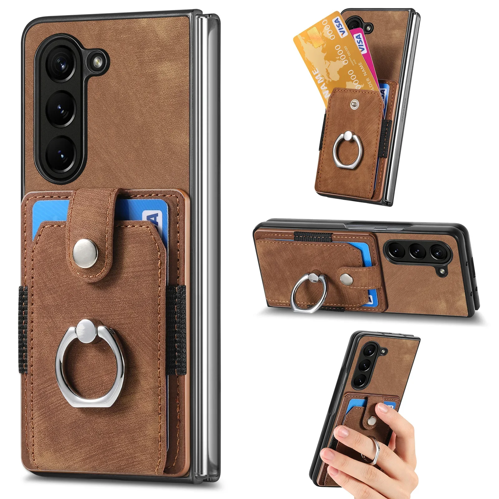 Retro Leather Ring Wallet Phone Case with Card Holder and Protective Cover