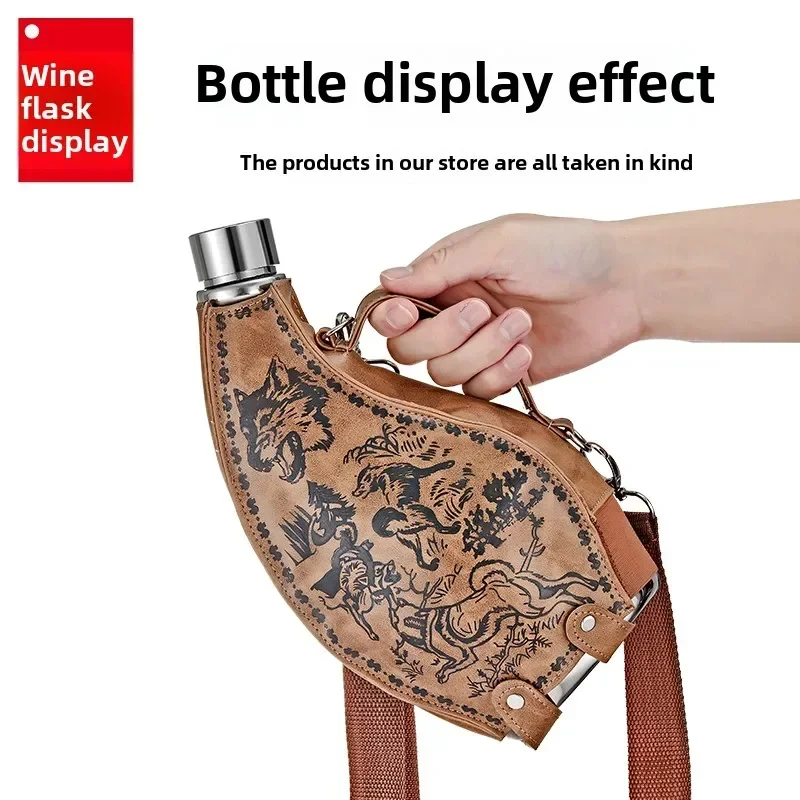 러시아어 휴대용 레트로 가죽 힙 플라스크 수제 보트 와인 가방 전통 공예 물 위스키 알코올 병 야외 Drinkware