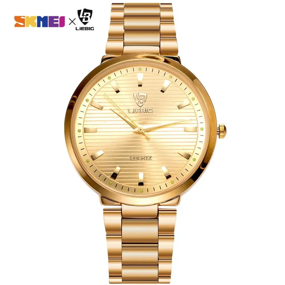 Reloj de pulsera de cuarzo para hombre y mujer, cronógrafo analógico de lujo, de acero inoxidable, a la moda, dorado, L1012