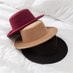 Flat Top Fedoras Hats for Women Solid Color Imitation Woolen Jazz Cap Elegant British Wide Brim Ladies Caps Bowler Hats Fedora