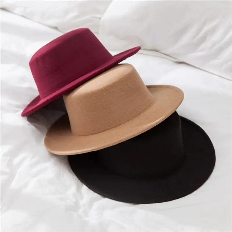 Flat Top Fedoras Hats for Women Solid Color Imitation Woolen Jazz Cap Elegant British Wide Brim Ladies Caps Bowler Hats Fedora 1