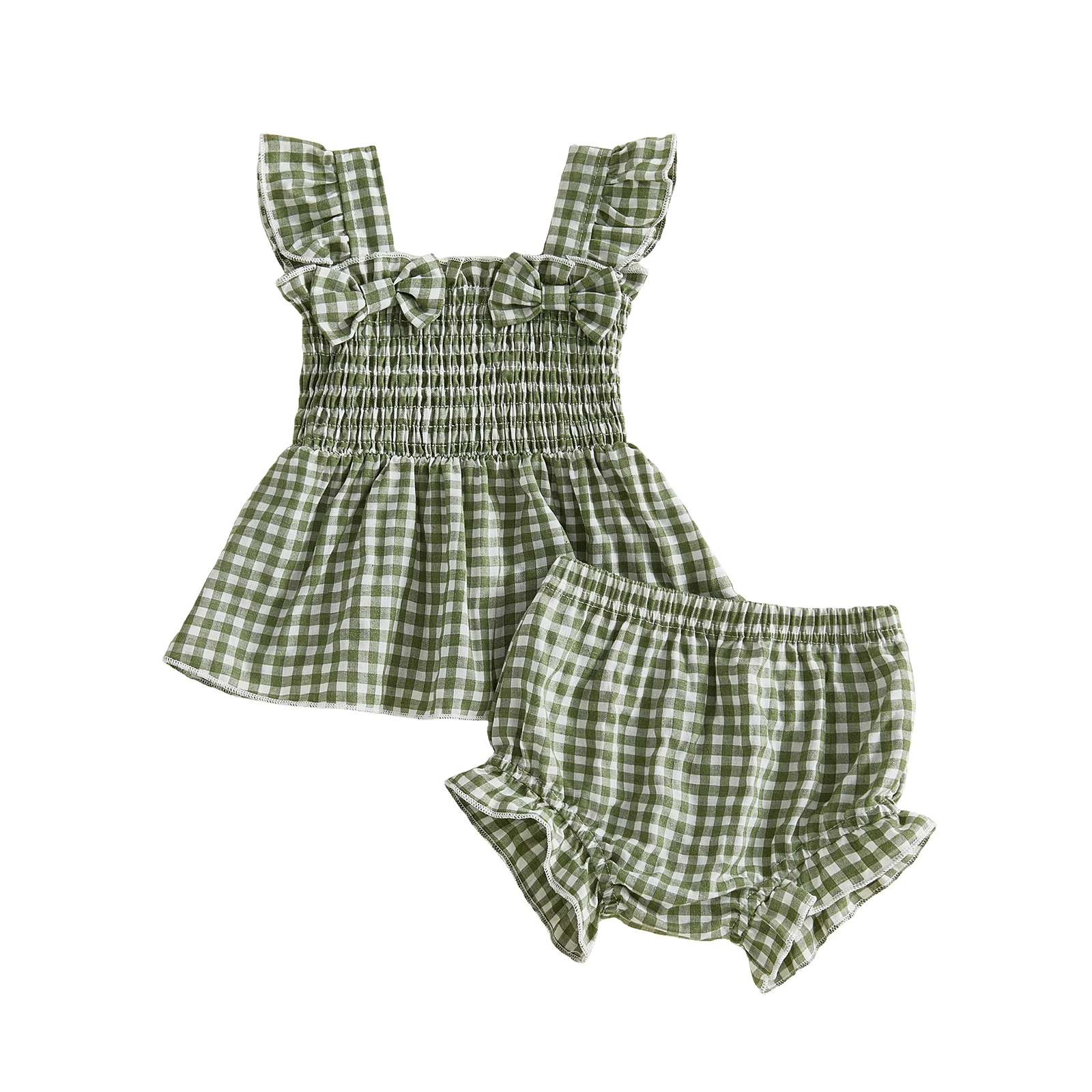 Baby Girl Summer Outfits Plaid Bowknot Decor Ruched Fly Sleeve Tops Elastic Waist Shorts 2Pcs Clothes Set 3