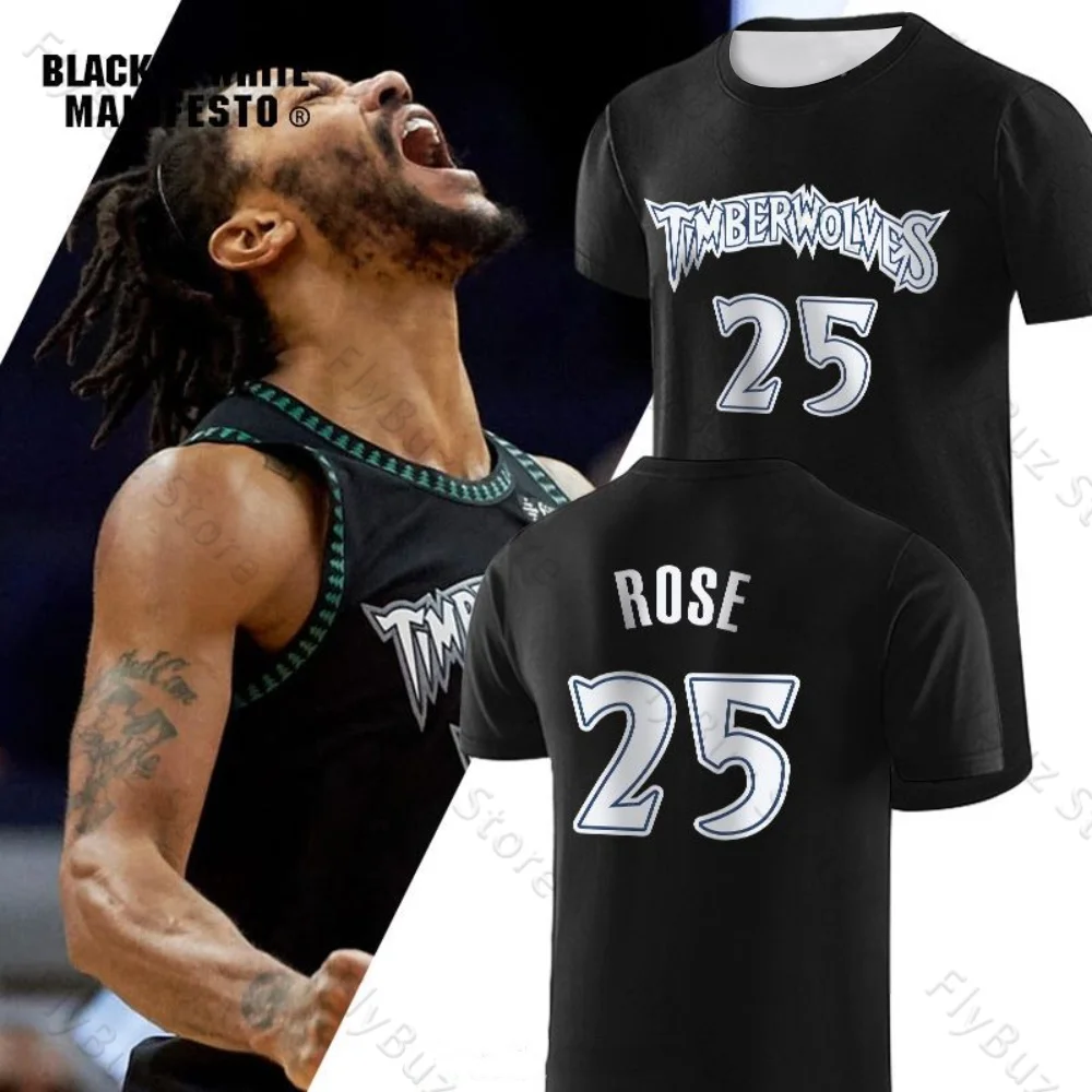 Rose Timberwolves No. 25 Basketball T-Shirt Retro Street Breathable Quick-Drying Training Clothes T-Shirt Children Adult Size