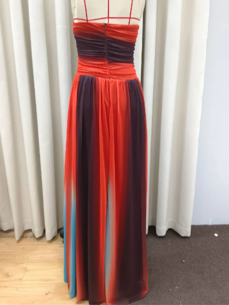 Women's Tie-dye Hollow Out Maxi Dress Gradient Off Shoulder A-line Hem Long Robes Sleeveless Party Vestido Lady Fashion Clothing