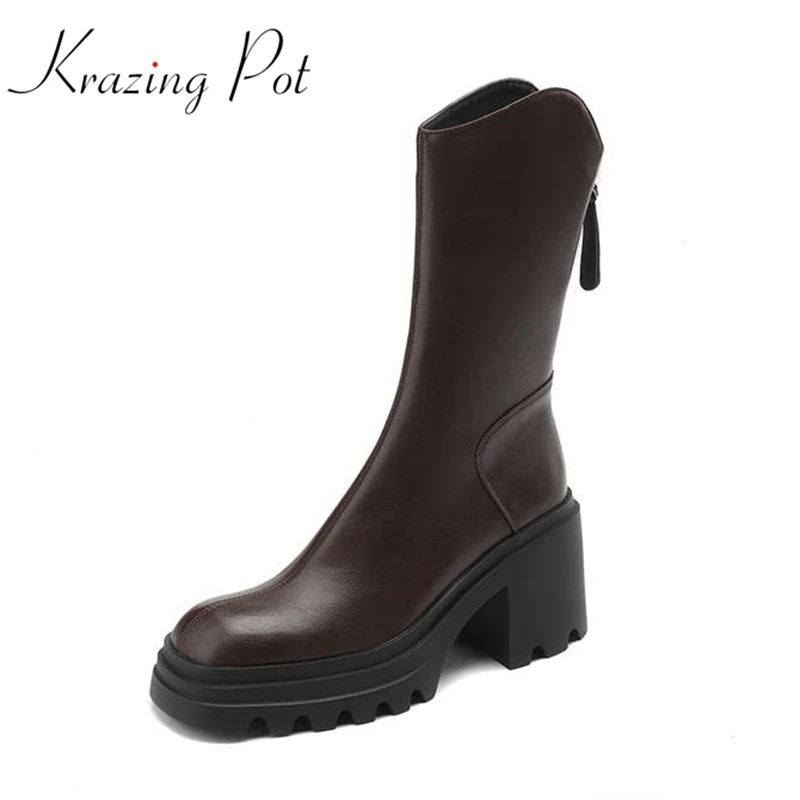 

Krazing Pot Cow Leather Vintage Thick High Heels Round Toe Winter Warm Western Boots British School Platform Ins Mid-calf Boots