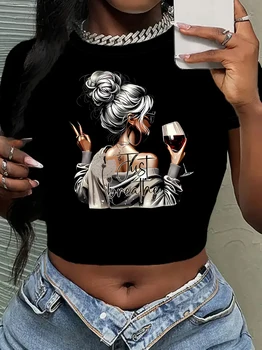 Cropped Chic Artistic Wine Drink Print Crew Neck Short Sleeve Crop Top T Shirt Women's Print Shirt  T-shirt Sexy