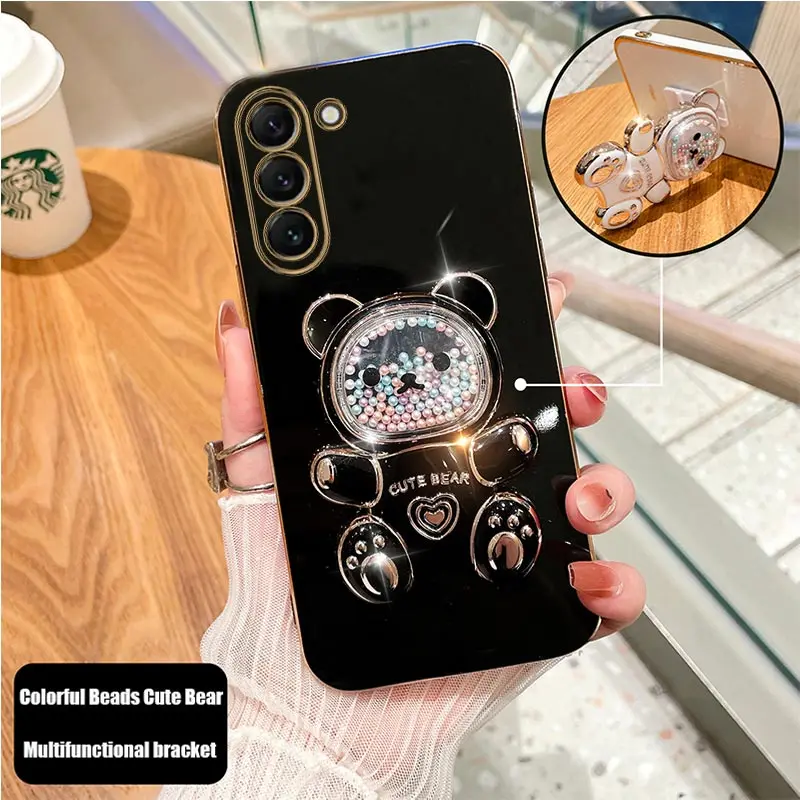 Coque de téléphone plaquée avec support d'ours mouvant, étui mignon pour Samsung Galaxy S23 S21 S20 S22 S10 Note 10 20 23 Plus Ultra S21Fe_voghion.com