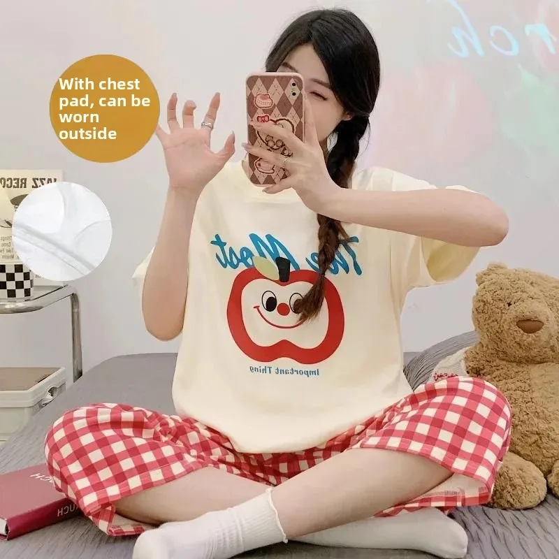 جديد الصيف القطن ملابس خاصة المرأة القطن الخالص الترفيه قصيرة الأكمام ملابس المنزل مجموعة مع وسادة الصدر سبعة السراويل حجم كبير