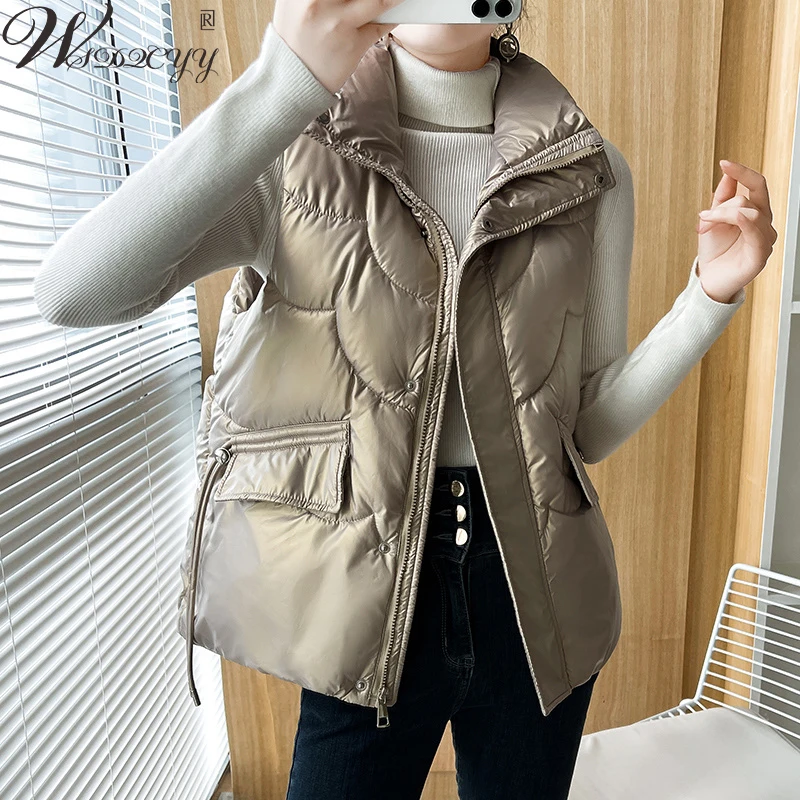 

Thick Down Cotton Vest Women Solid Colors Autumn Winter Sleeveless Jacket Casual Loose Stand Collar Quilted Waistcoat Short